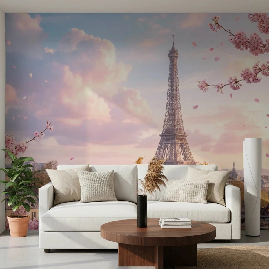 Cozy lounge with Parisian Sakura Wall Mural in soft blush Paris tones, GD8655