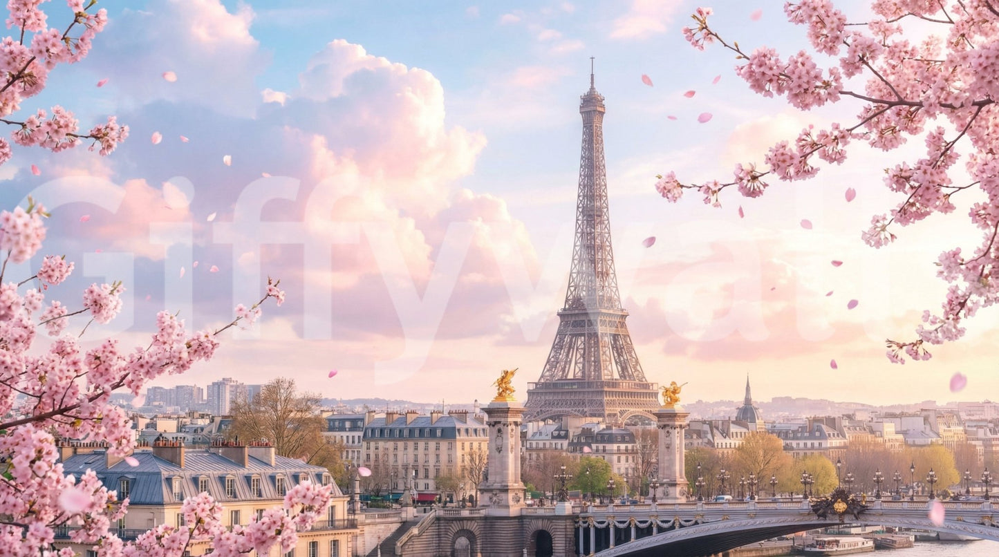 Parisian Sakura Wall Mural with Eiffel Tower, pink blossoms, and a soft sunset sky, GD8655