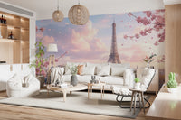 Open living room with Parisian Sakura Wall Mural and warm sunset tones, GD8655