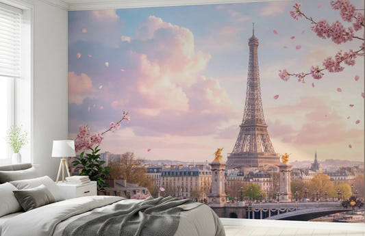 Bedroom with Parisian Sakura Wall Mural and a pastel Eiffel Tower skyline