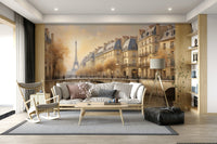 Neutral tone cityscape for dining area wallpaper mural