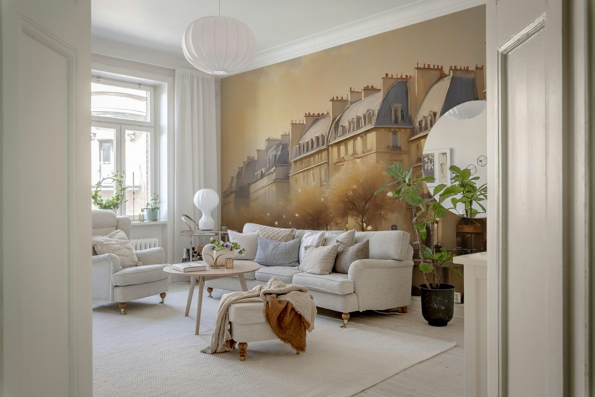 Parisian Serenity Wall Mural in a minimalist bedroom wallpaper mural