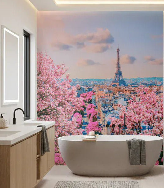 Bathroom with Parisian Spring wall mural and Eiffel Tower blossom view
