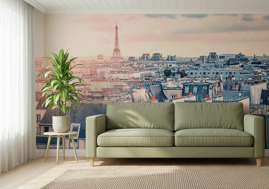 Parisian Sunrise wall mural with Eiffel Tower and pastel skyline GD7286
