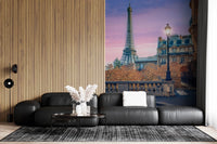 Parisian Twilight Wall Mural showing a vintage lamp post and distant monument.