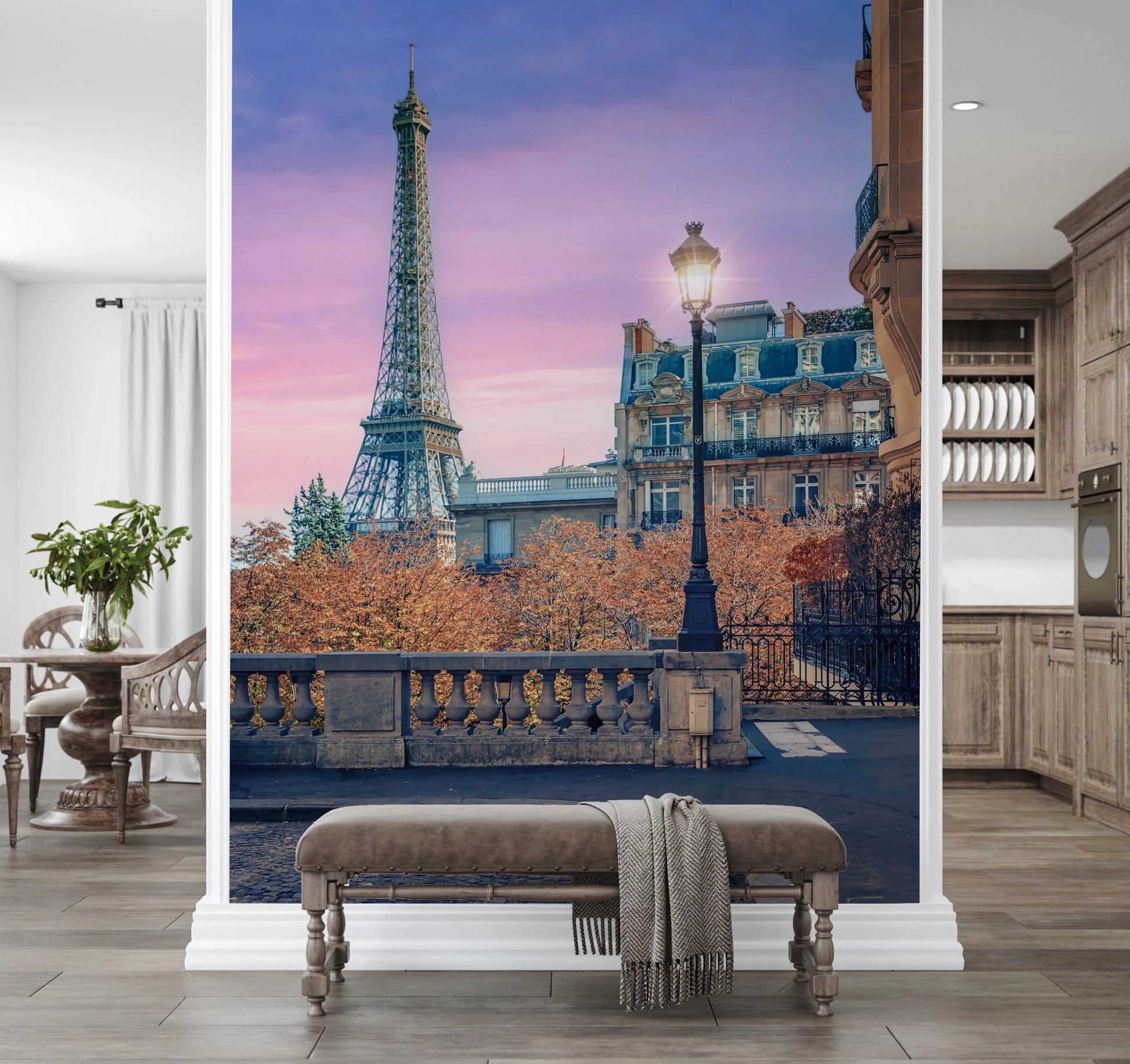 Parisian Twilight Wall Mural featuring the Eiffel Tower under a purple sunset.