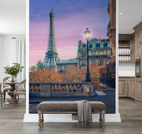 Parisian Twilight Wall Mural featuring the Eiffel Tower under a purple sunset., GD8252