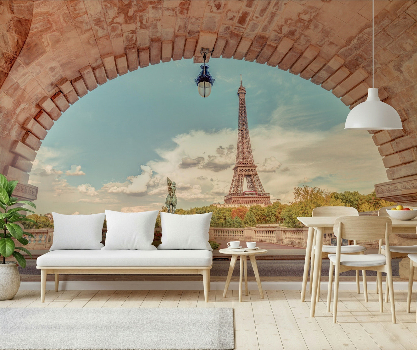 Detailed urban architecture wallpaper for a guest room.