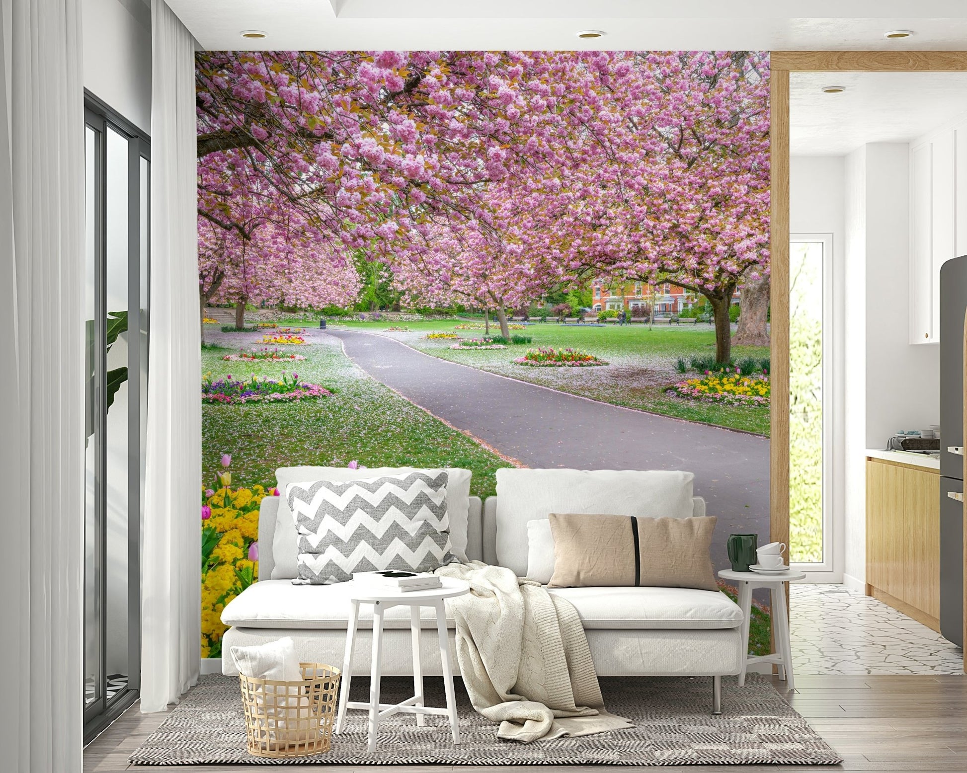 Park flower beds with yellow and purple blooms

