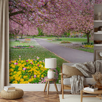 Peaceful garden mural with tulips and trees

