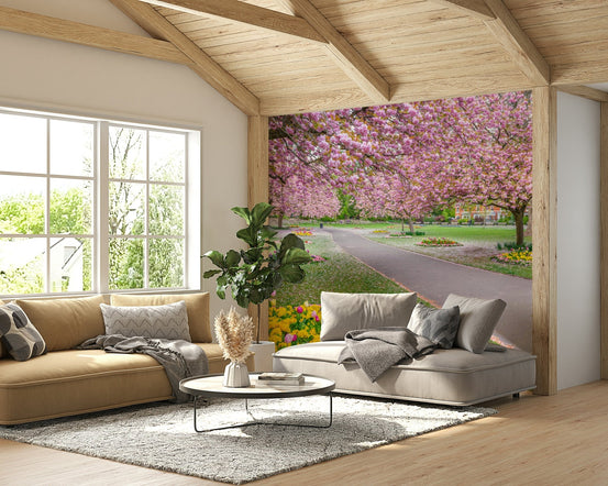 Spring park wall mural with cherry blossoms, GD2658