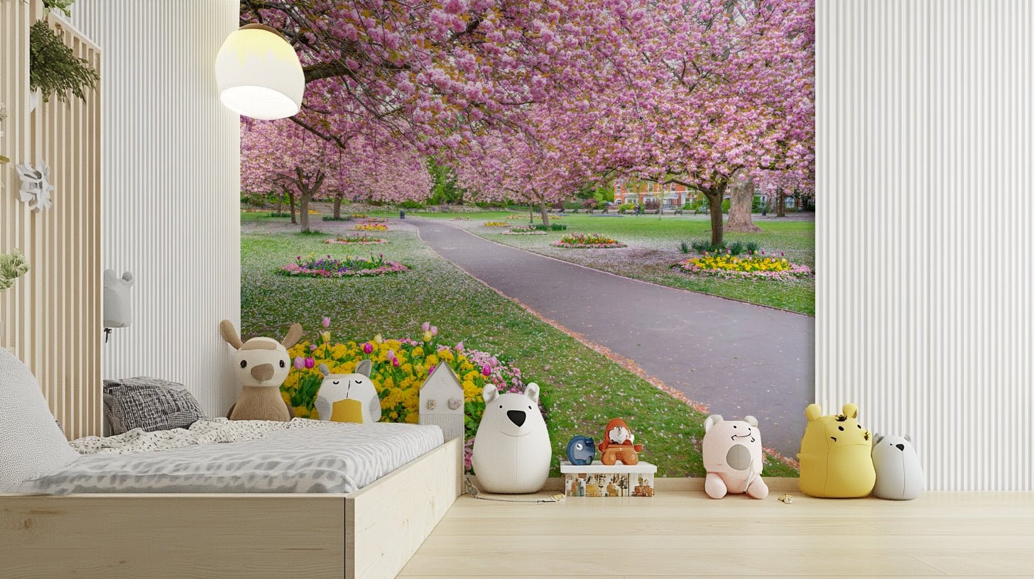 Park scenery wall mural in spring colors

