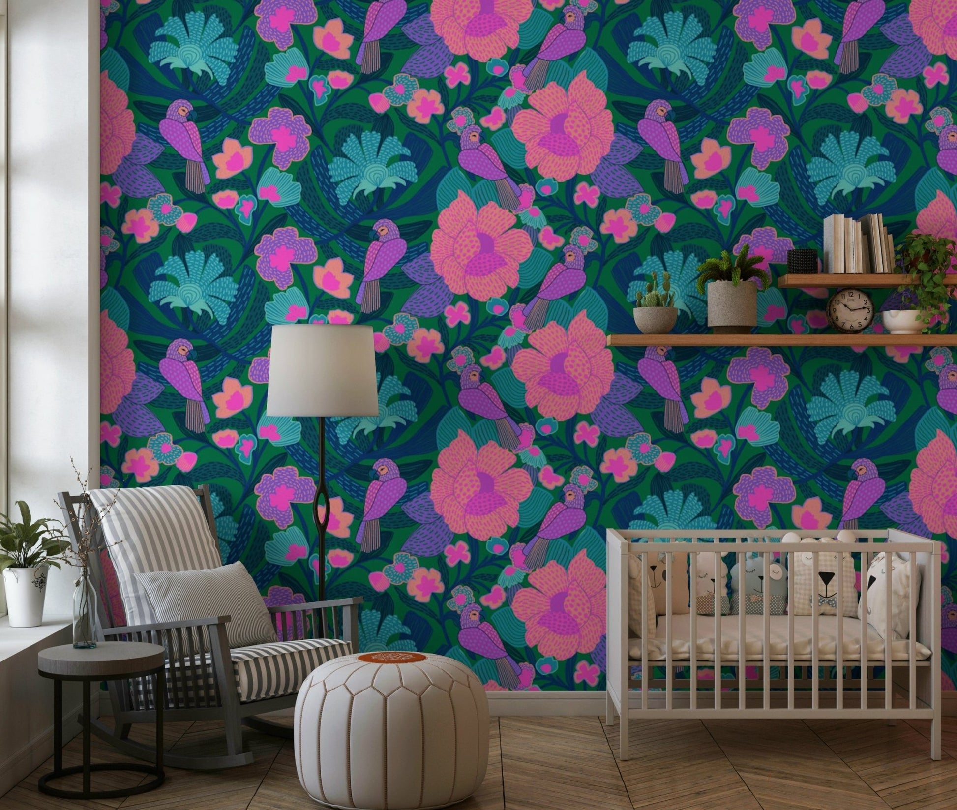 Parrot Bloom wallpaper with a dark green background in a study.