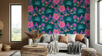 Parrot Bloom wall mural on a feature wall in a dining area.