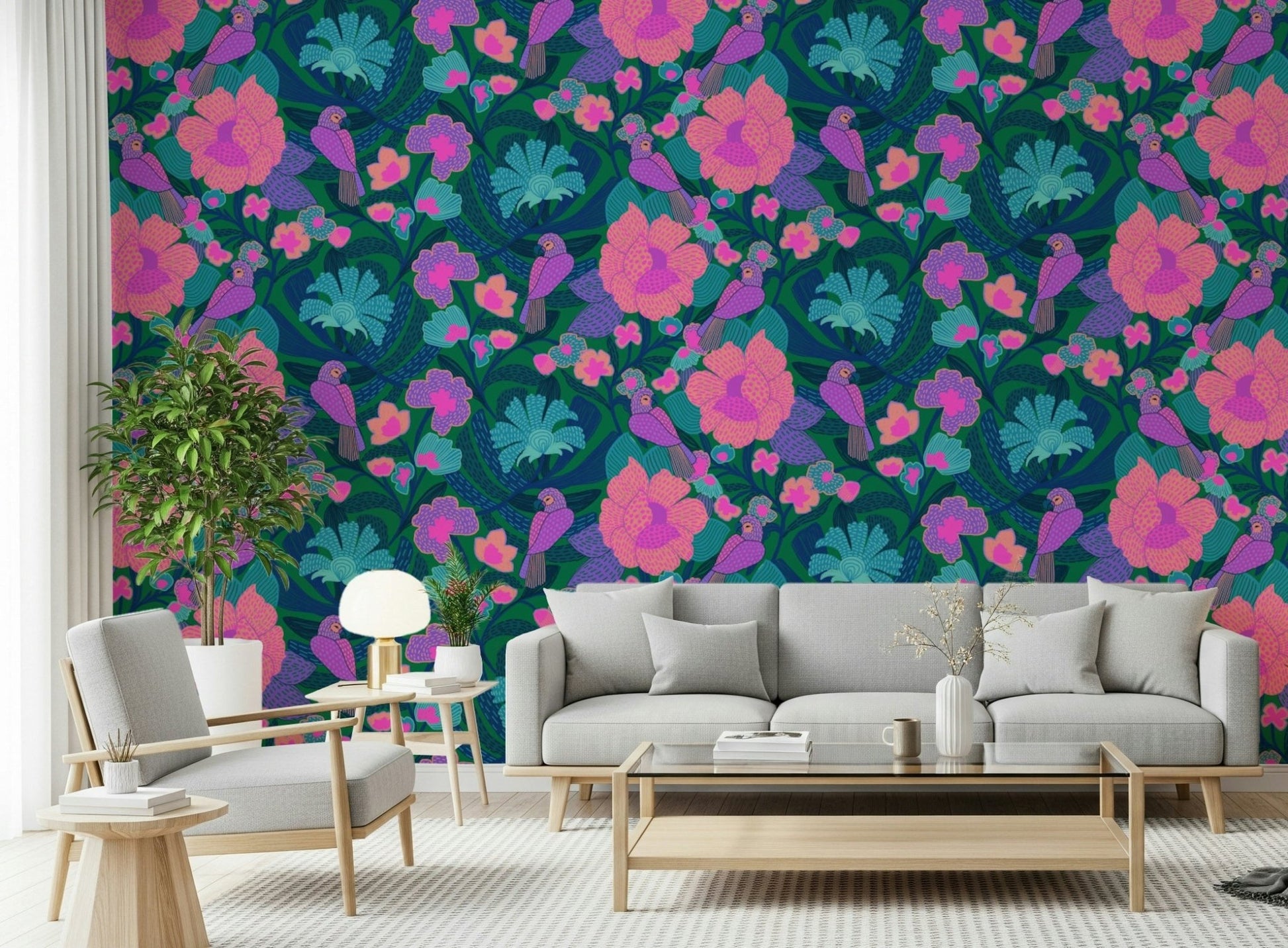 Artistic bird and flower wall mural for a nursery feature wall.