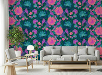 Artistic bird and flower wall mural for a nursery feature wall.