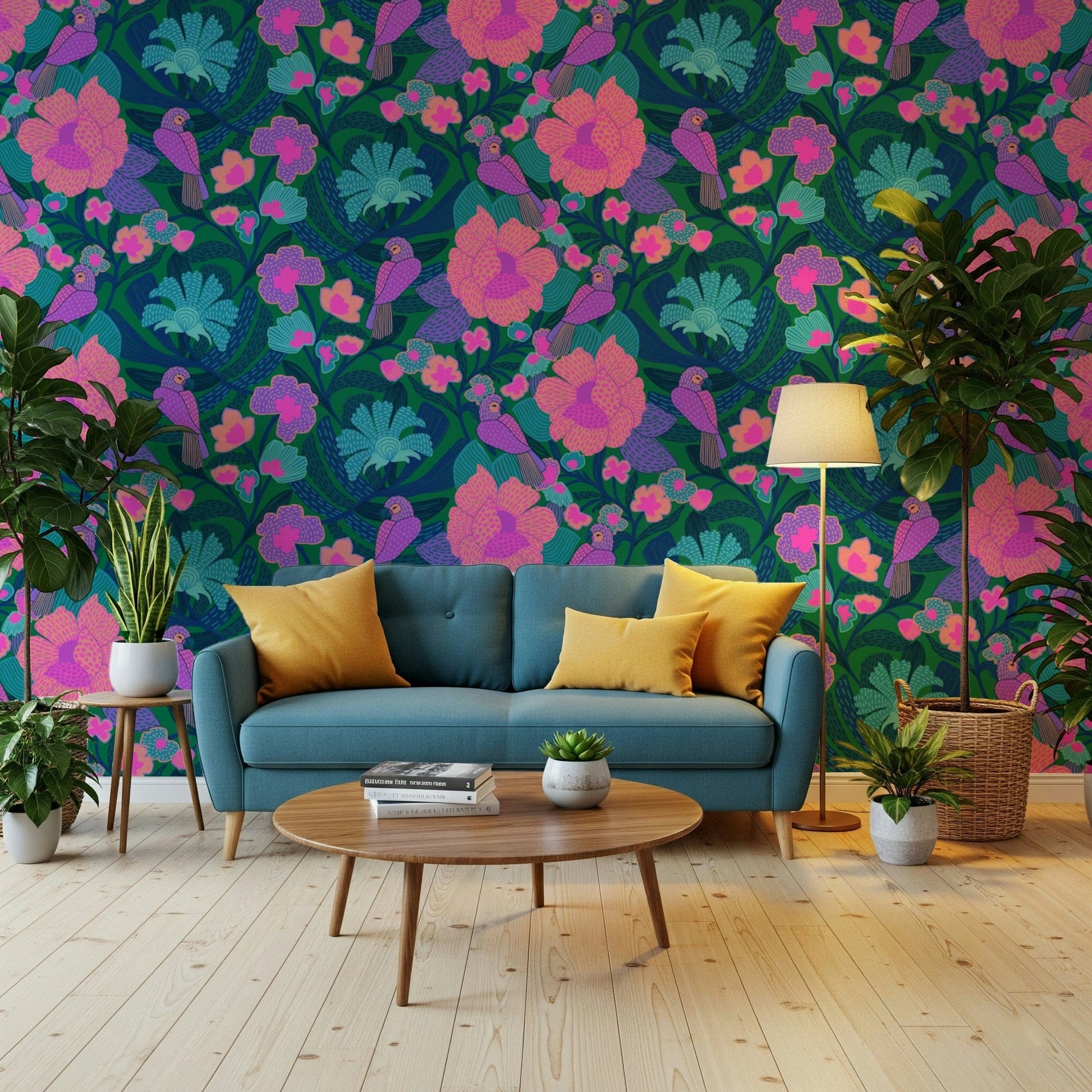 Elegant Parrot Bloom wall mural for a sophisticated guest room.