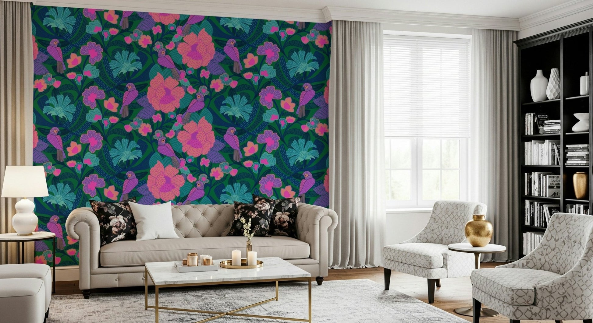 Botanical wallpaper with colorful blooms for a home office wall.