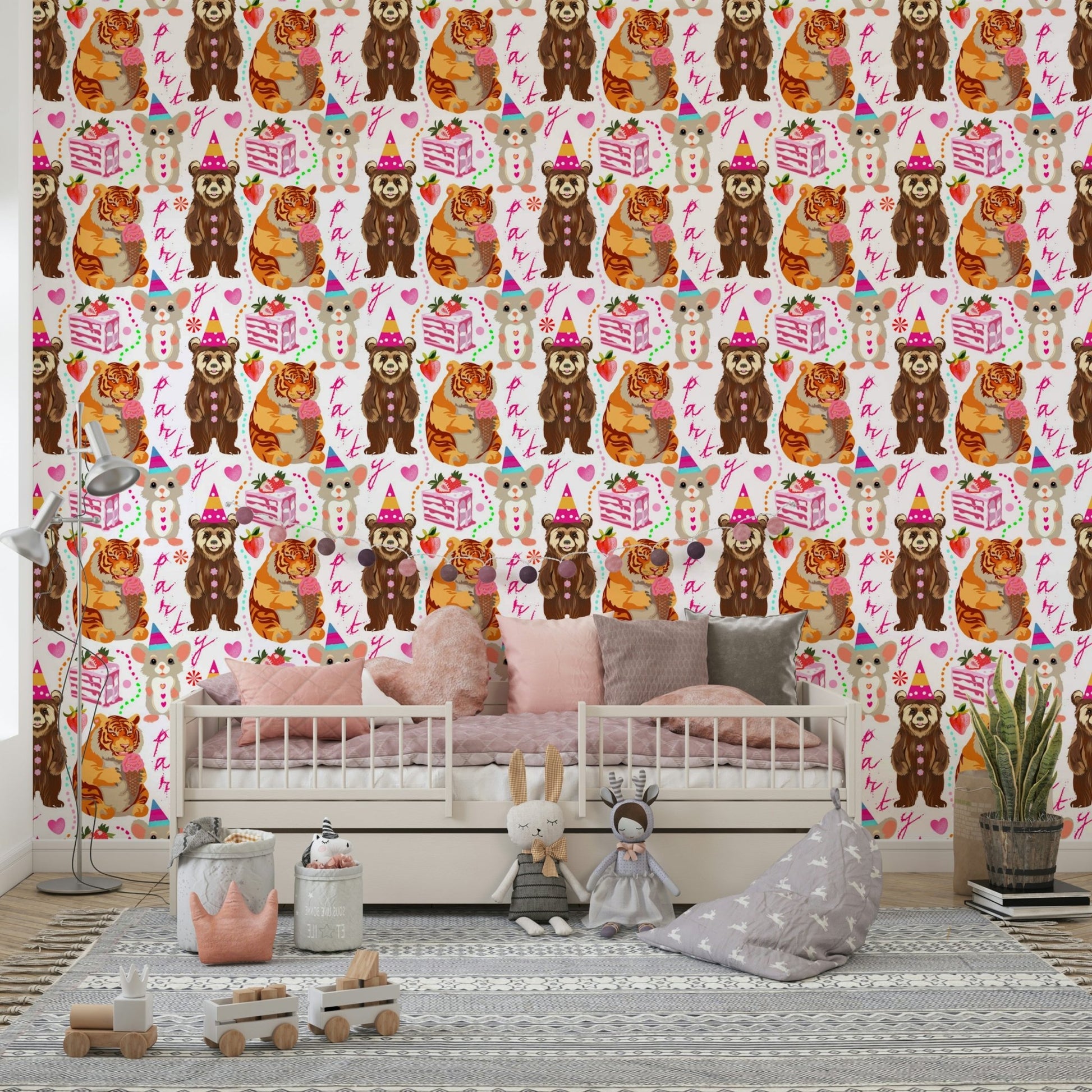 An artistic animal parade mural on decorative wallpaper., GD4682