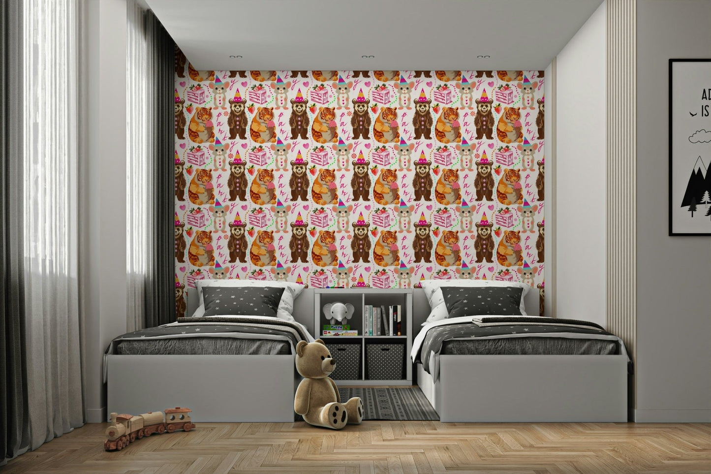 A cheerful celebratory mural on decorative wallpaper., GD4682