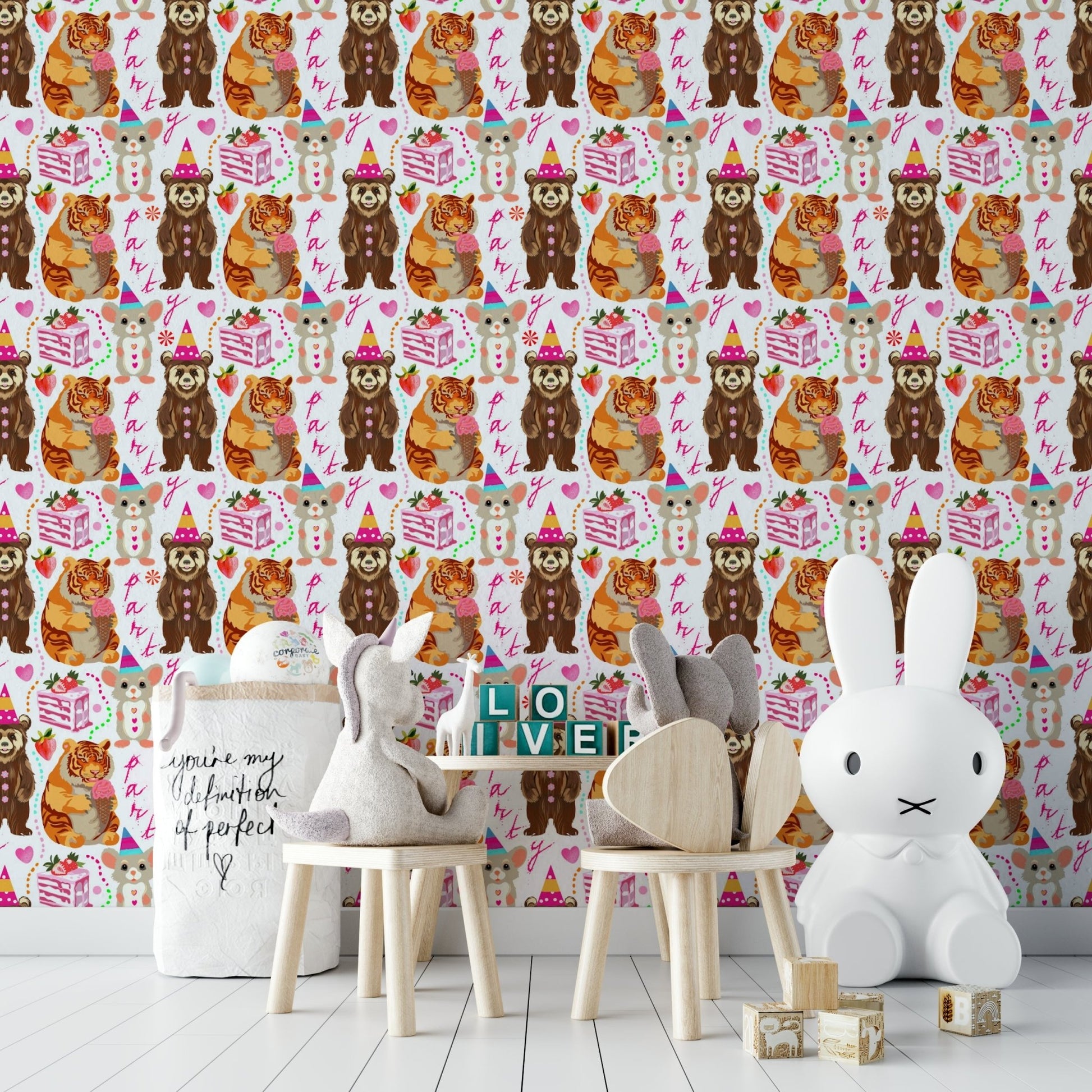 A graceful menagerie wall mural in bright, cheerful tones., GD4682