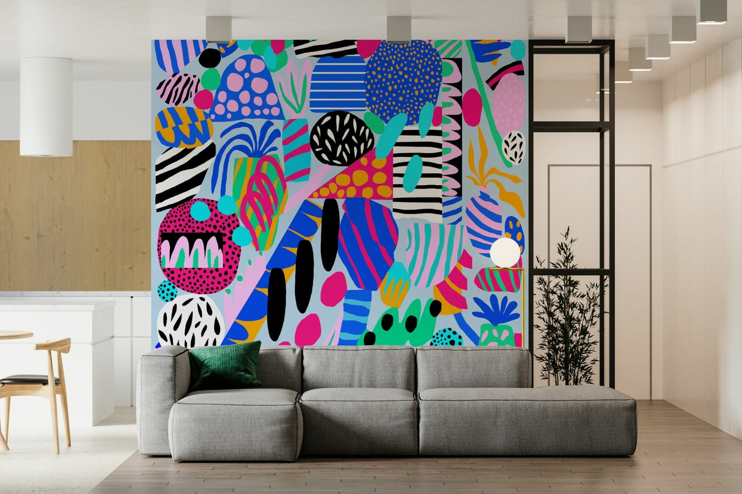 Dynamic striped and dotted Party forms wall mural artistic composition.