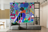 Dynamic striped and dotted Party forms wall mural artistic composition.