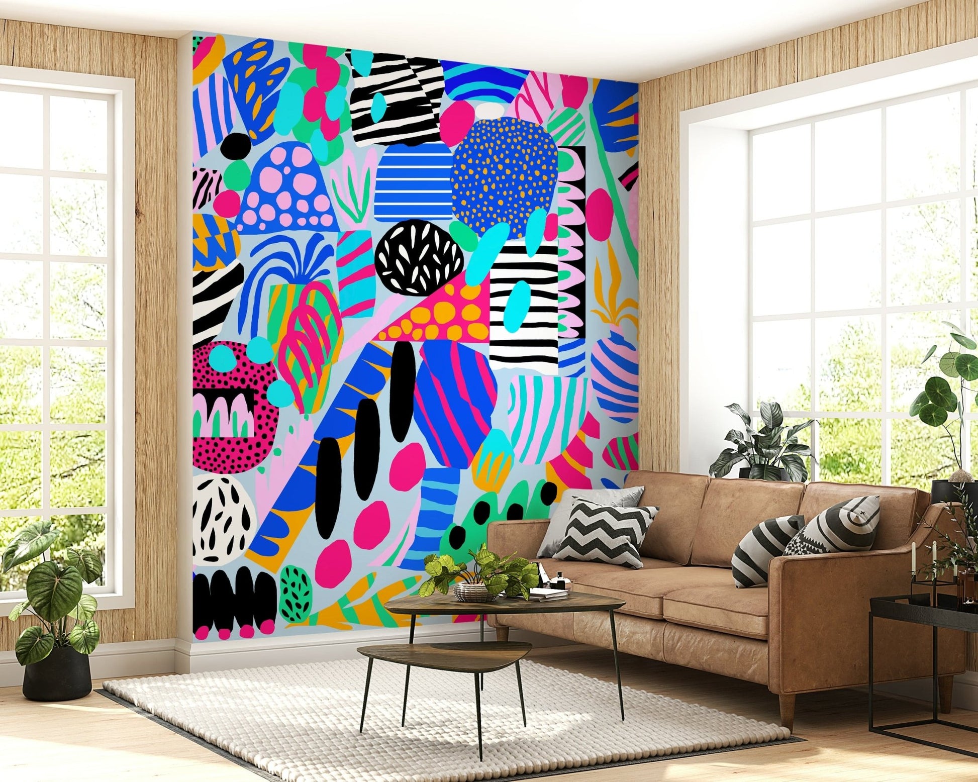 Lively confetti inspired Party forms wallpaper enthusiastic surface design.