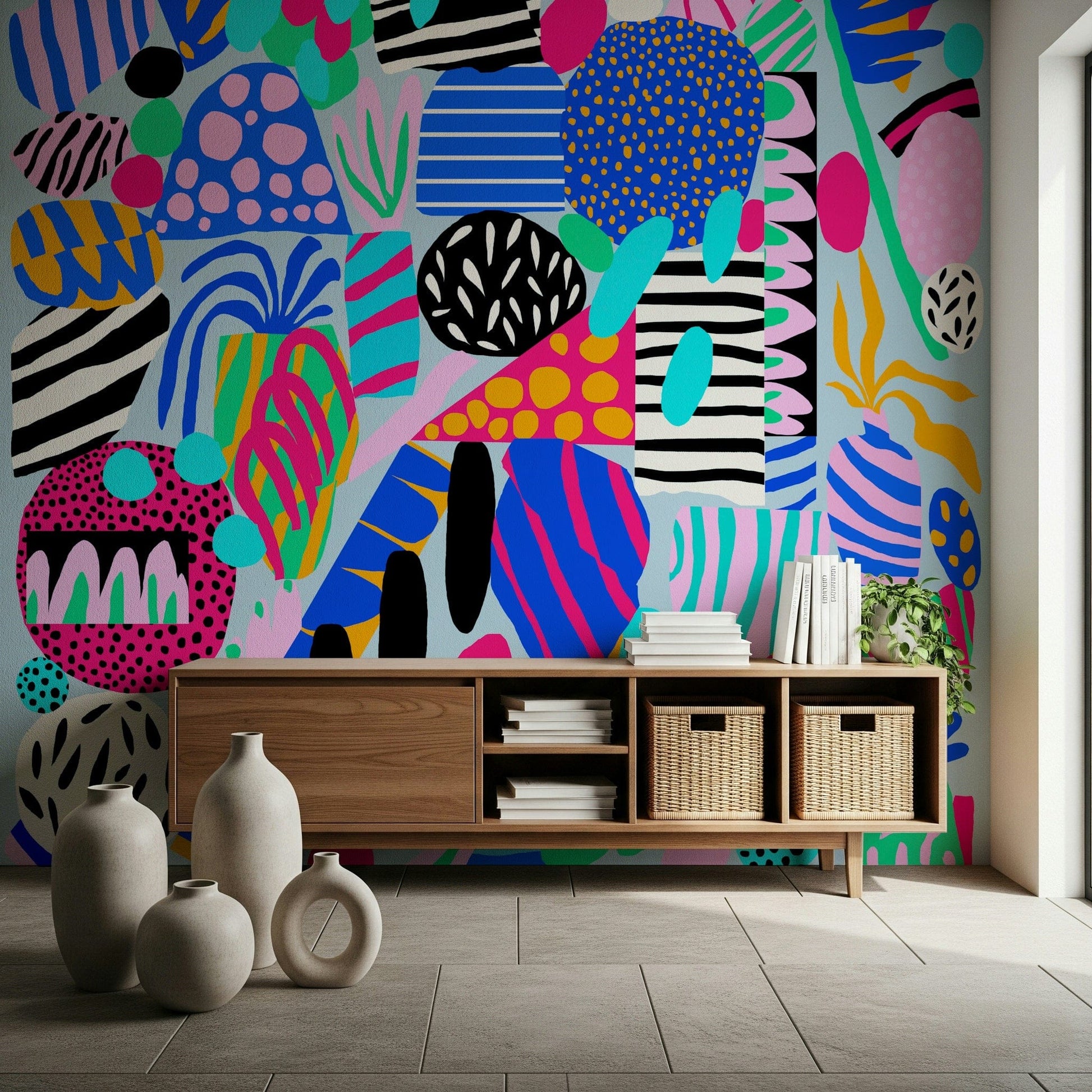 Contemporary vivid collage Party forms wall mural expressive art.