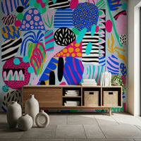 Contemporary vivid collage Party forms wall mural expressive art.