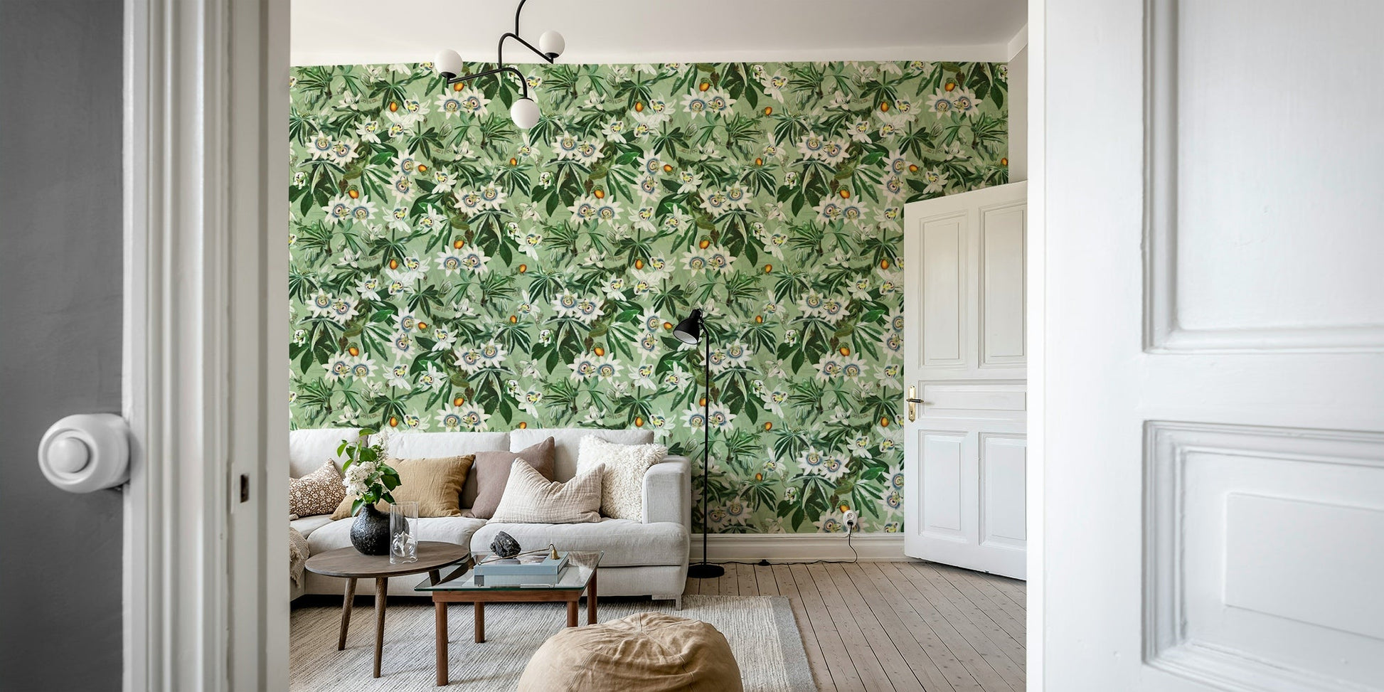 Beautiful passionflower wallpaper bringing nature indoors.


