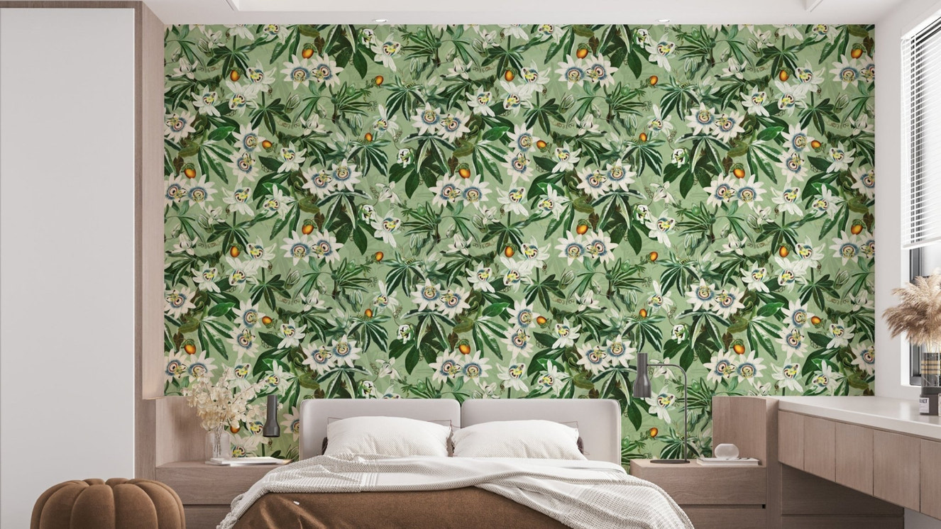 Tropical passionflower paradise wallpaper for interiors.

