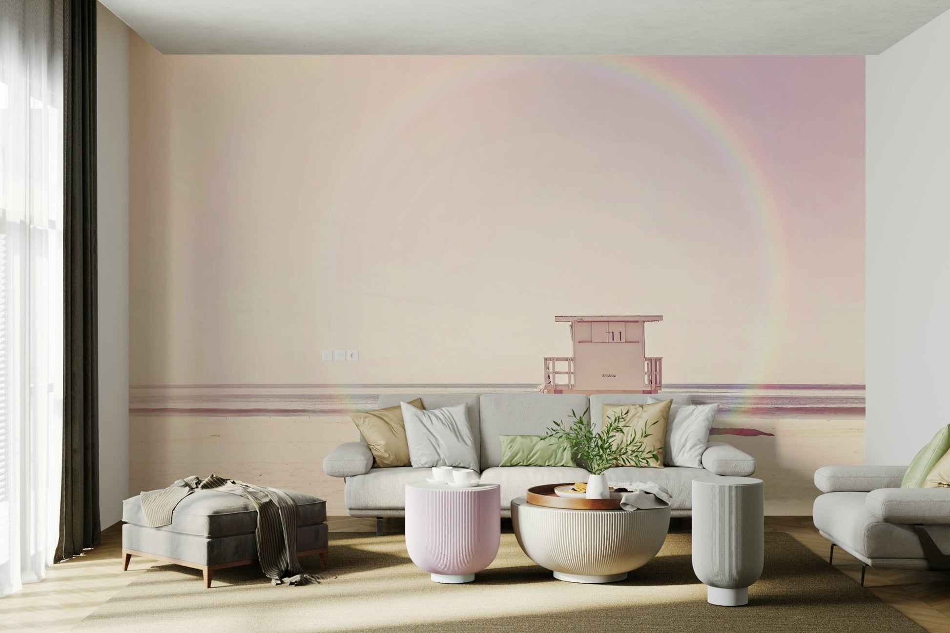 Dreamy beach scene mural with pastel hues.

