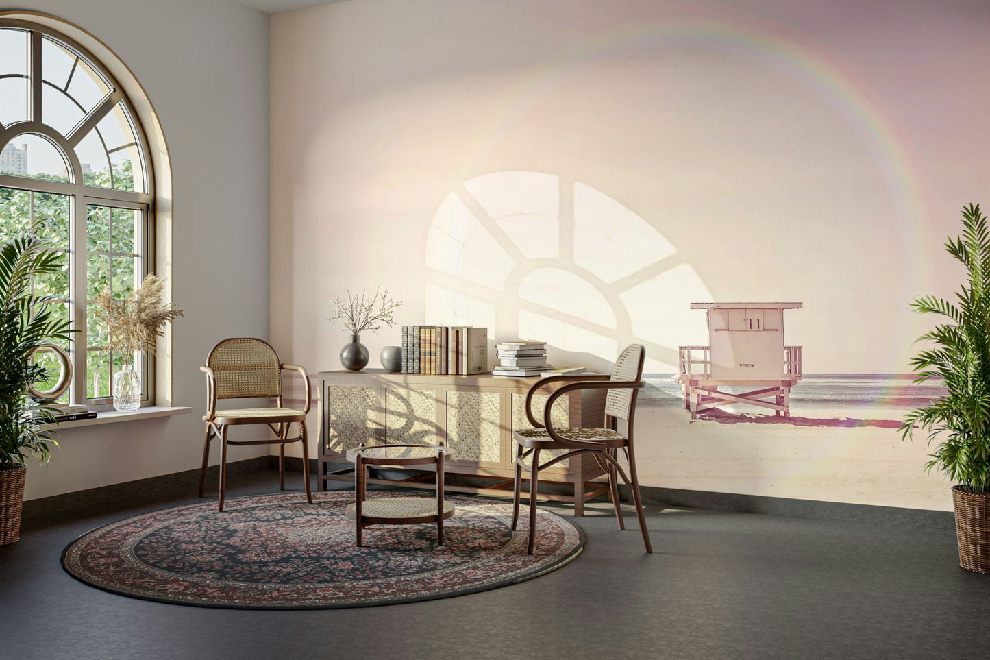 Pastel beach mural adding serenity to walls.

