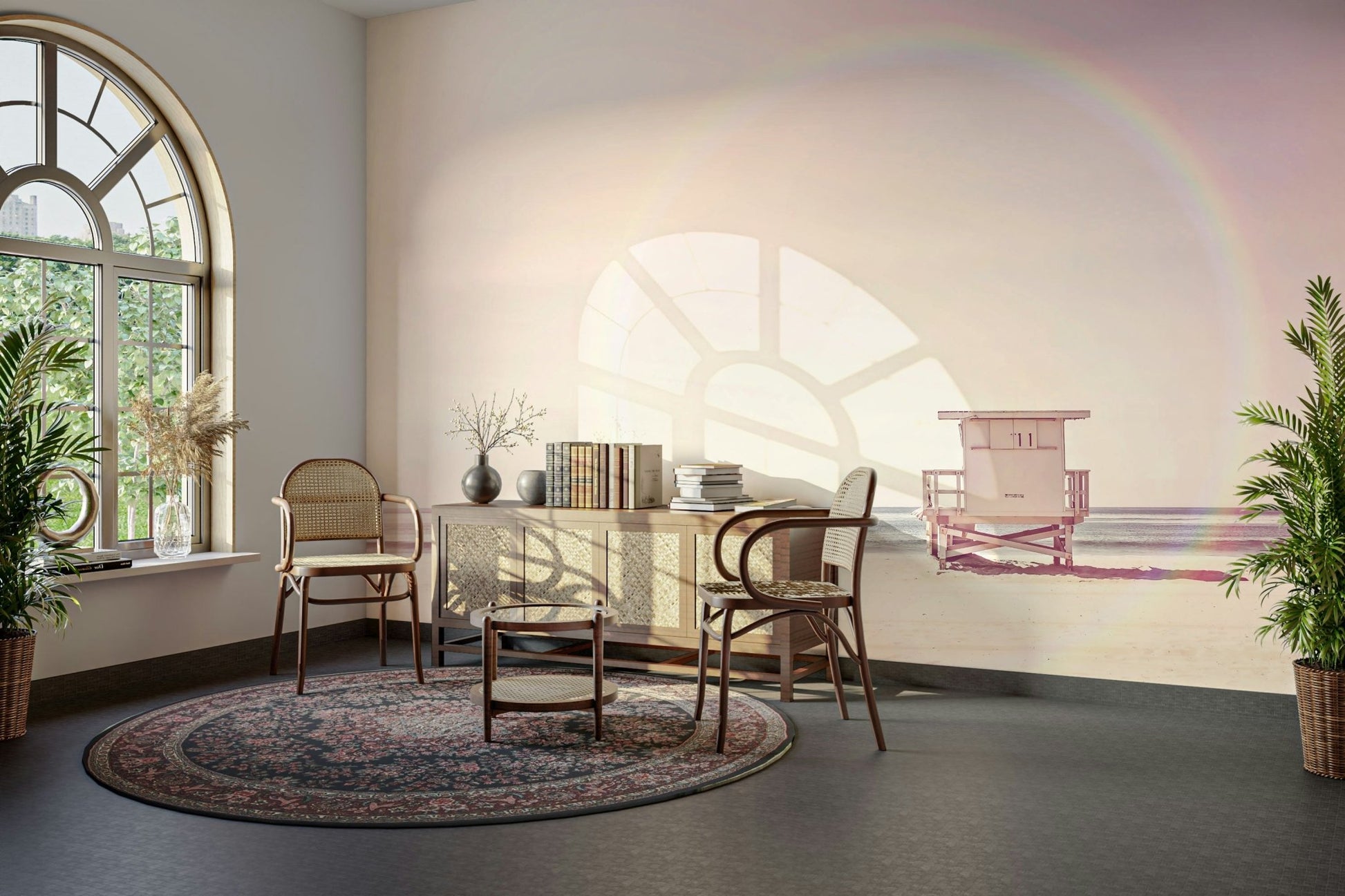 Pastel beach mural adding serenity to walls.

