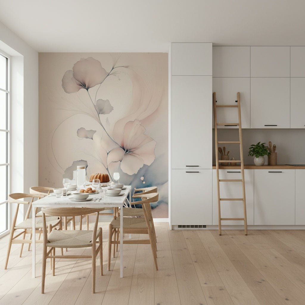 Headboard area showcasing the floral Pastel Blossom Daydream Wall Mural., GD6321