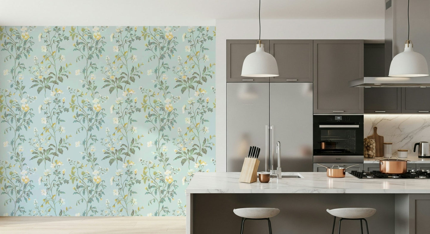 A peaceful flower design mural on decorative wallpaper.