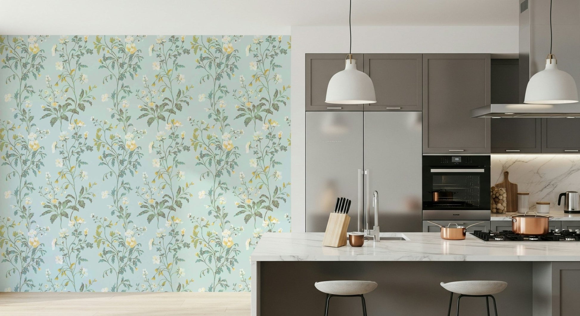 A peaceful flower design mural on decorative wallpaper.