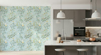 A peaceful flower design mural on decorative wallpaper.
