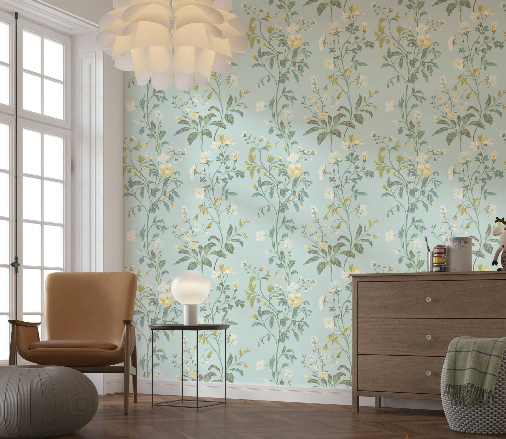 A beautiful pastel floral wallpaper mural with soft, dreamy botanical elements., GD5983