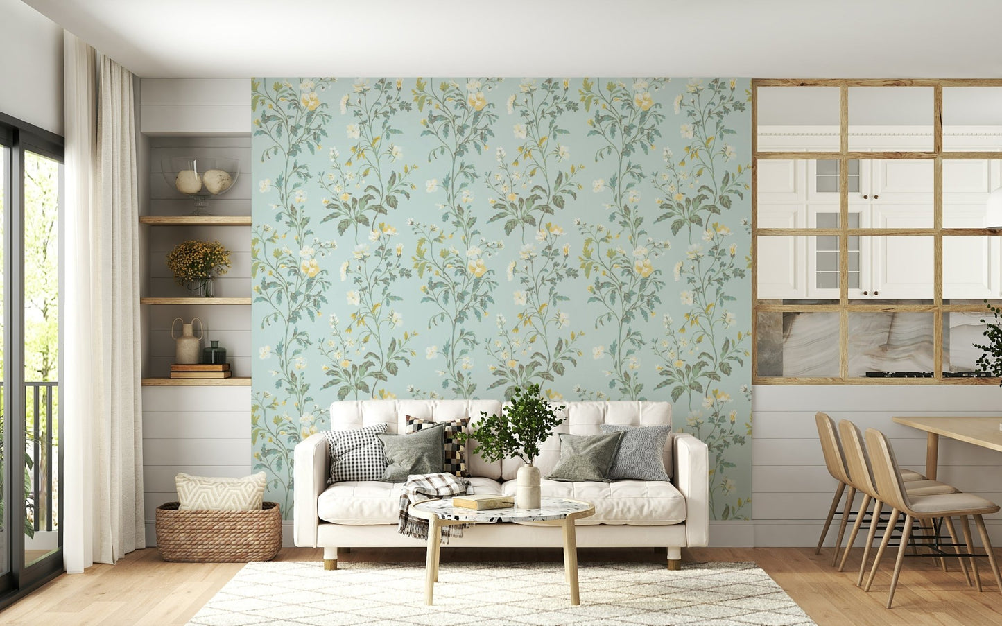A graceful subtle flower wall mural in soft, elegant pastel tones.