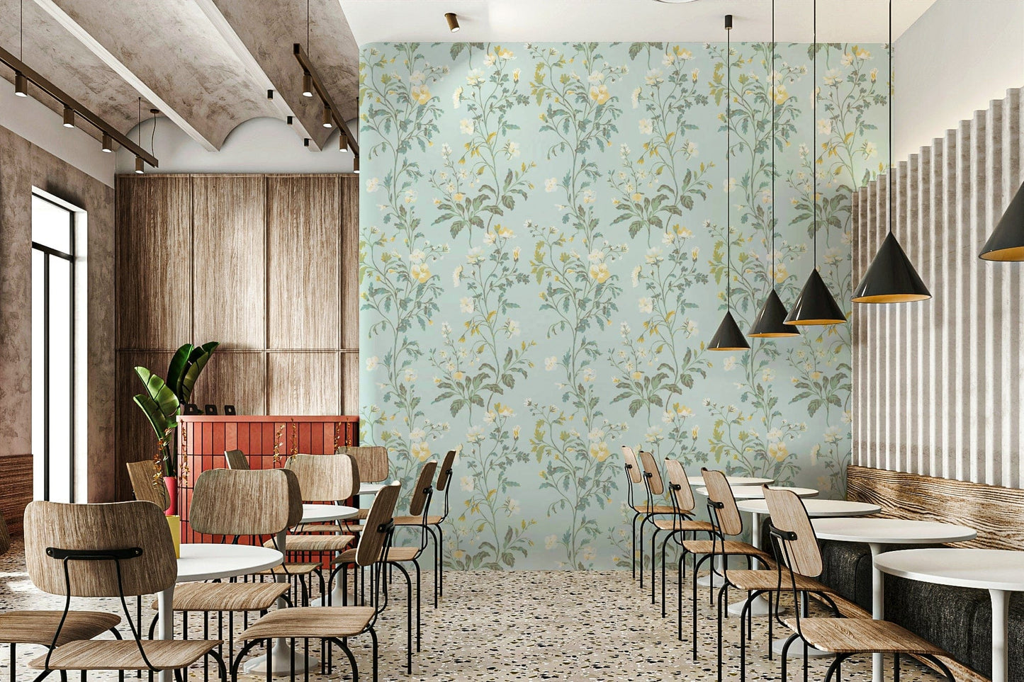 A contemplative floral pattern wallpaper mural for a feature wall.
