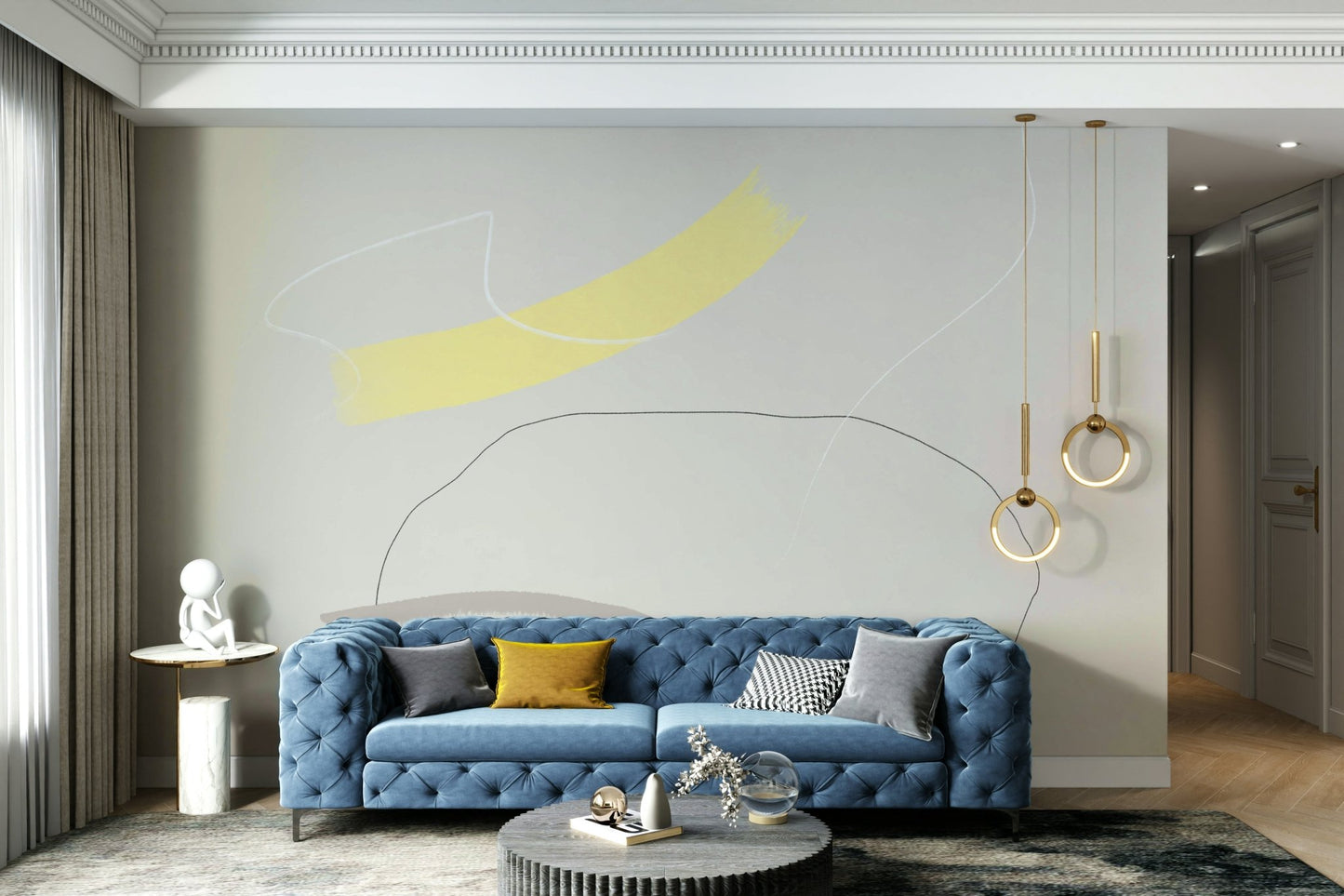 An artistic minimalist form mural for home decor.

