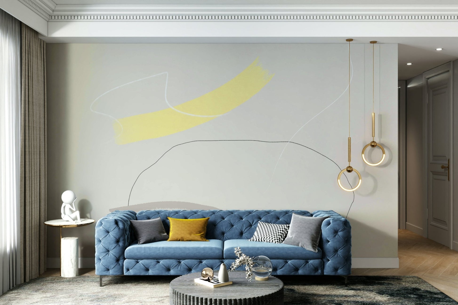 An artistic minimalist form mural for home decor.

