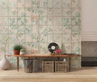 Blue seating adds a fresh contrast to the soft garden rose mural in this room, GD8677