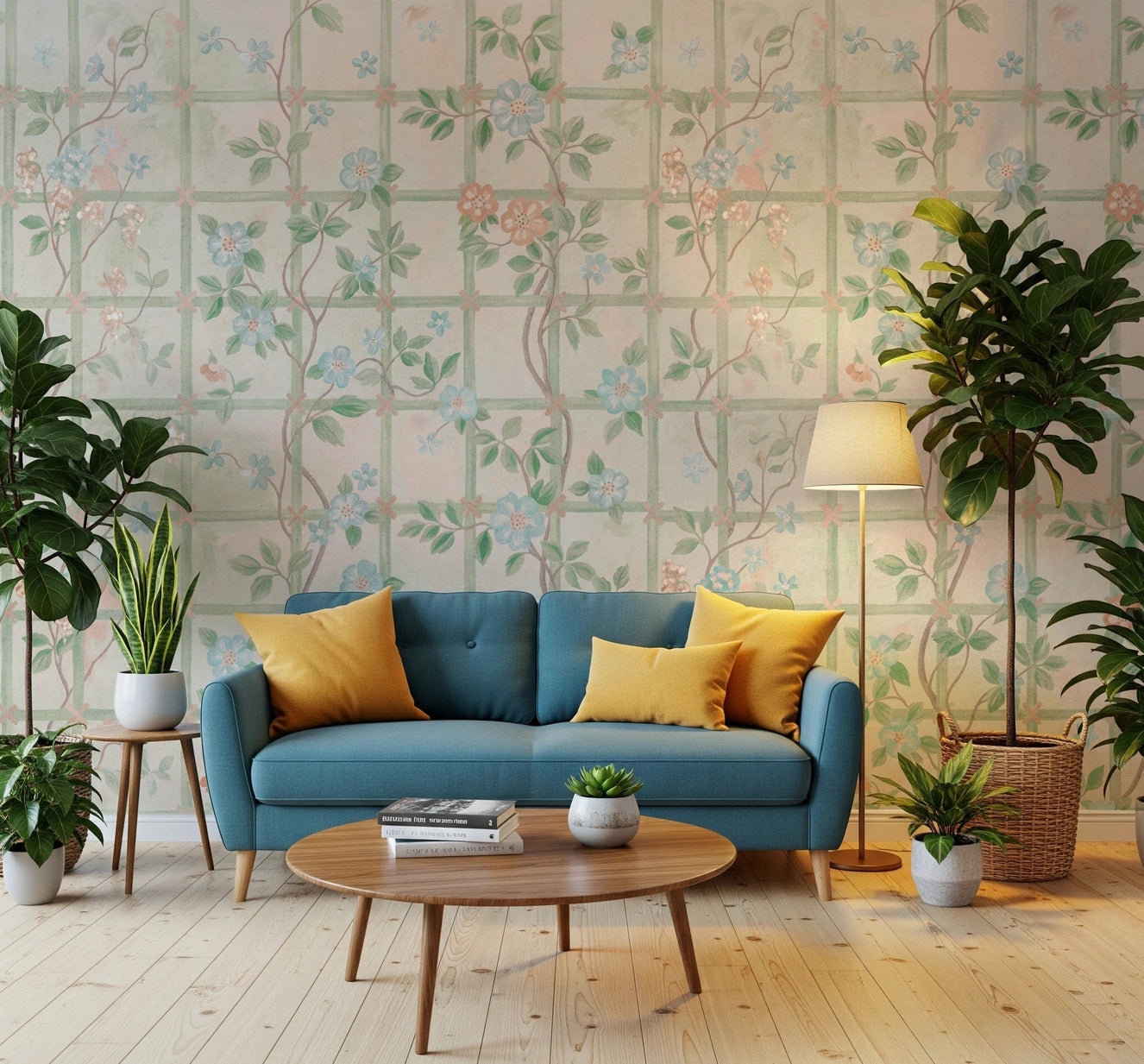 Pastel Charm Garden English Roses Wall Mural brings a soft romantic feel to this lounge