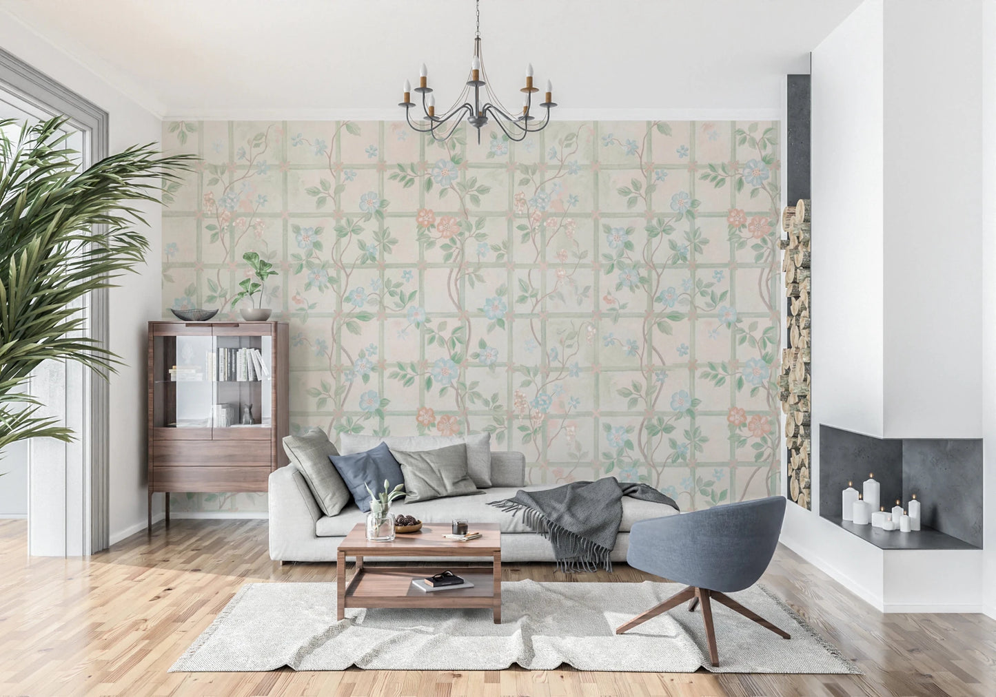 The Living room feels airy and relaxed with this pastel floral mural behind it, GD8677