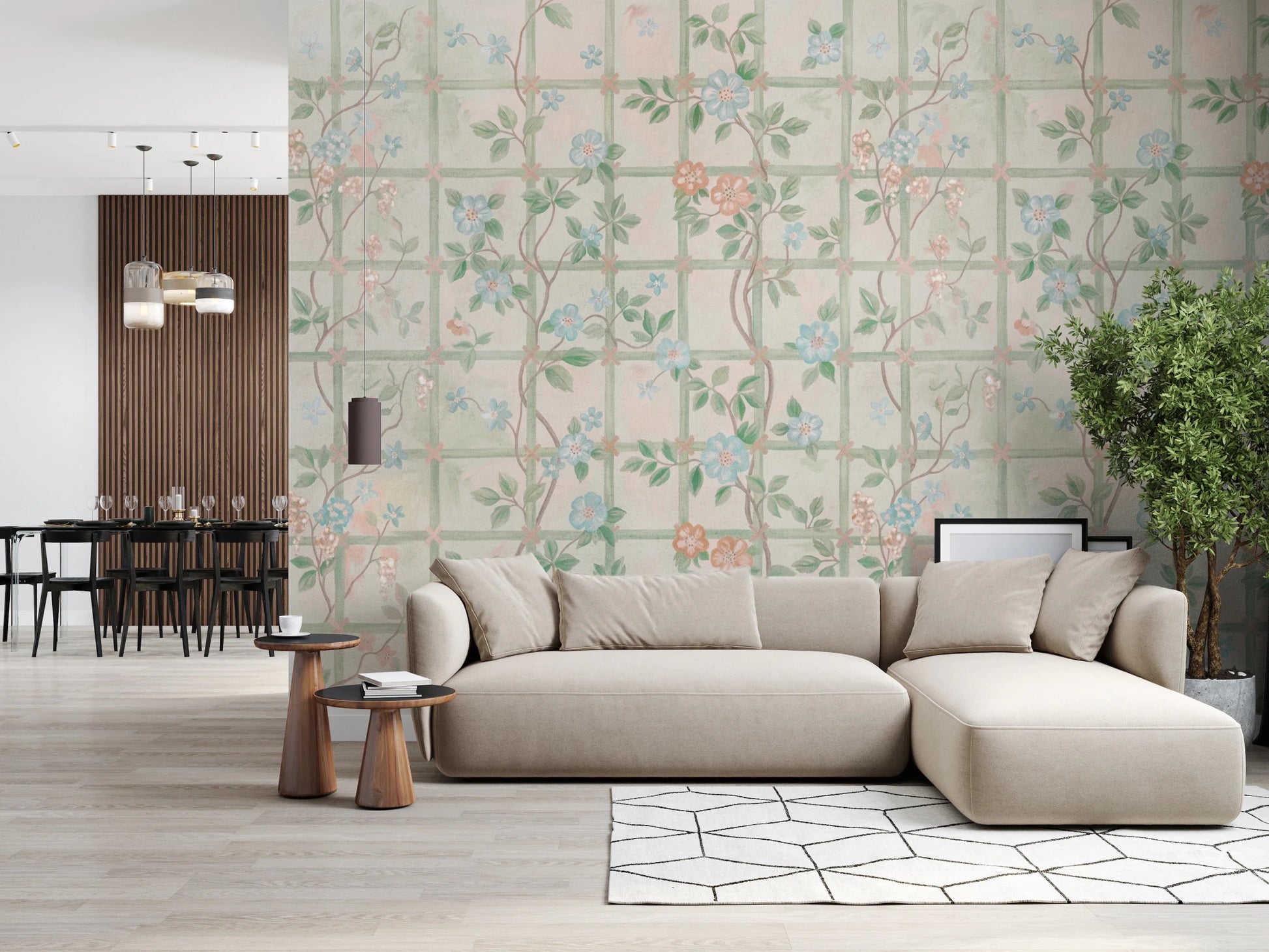 A low sofa setting feels settled and bright with the pastel garden wall mural, GD8677