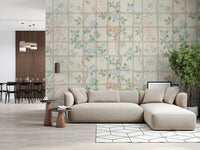A low sofa setting feels settled and bright with the pastel garden wall mural, GD8677