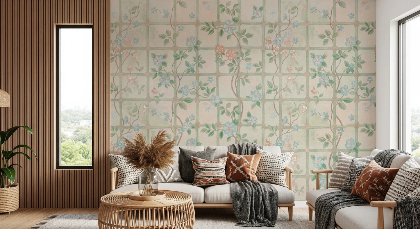 Warm tan seating sits beautifully against the gentle rose pattern in this living corner, GD8677